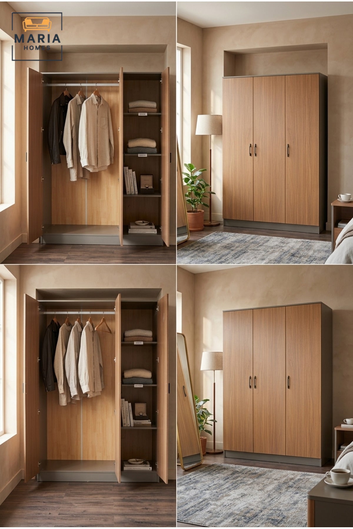 Modern 3-Door Wooden Wardrobe with Hanging Rail and Storage Shelves, Freestanding Bedroom Closet for Clothes, Accessories and Linen Organization