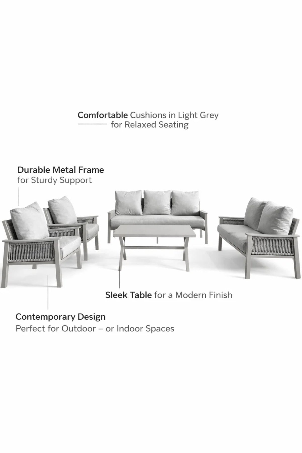 Modern 7-Piece Light Grey Sofa Set with Coffee Table √ê Contemporary Outdoor or Indoor Seating