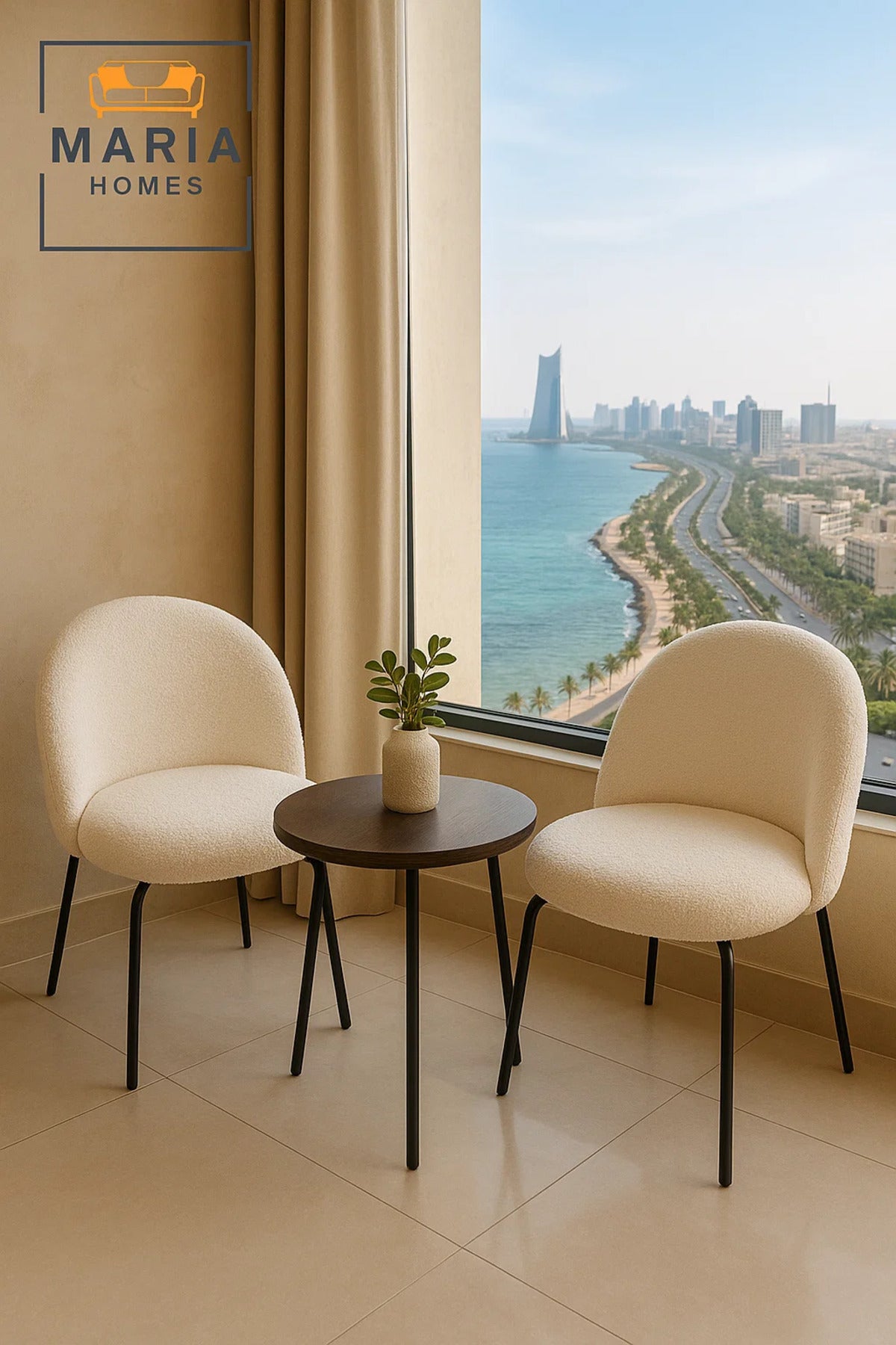 White BouclŽ Dining Chair Ð Modern Upholstered Chair with Black Metal Legs for Dining Room & Office