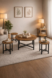 Industrial 5-Piece Round Coffee Table Set Rustic Brown Wood Center Table with 4 End Tables Home