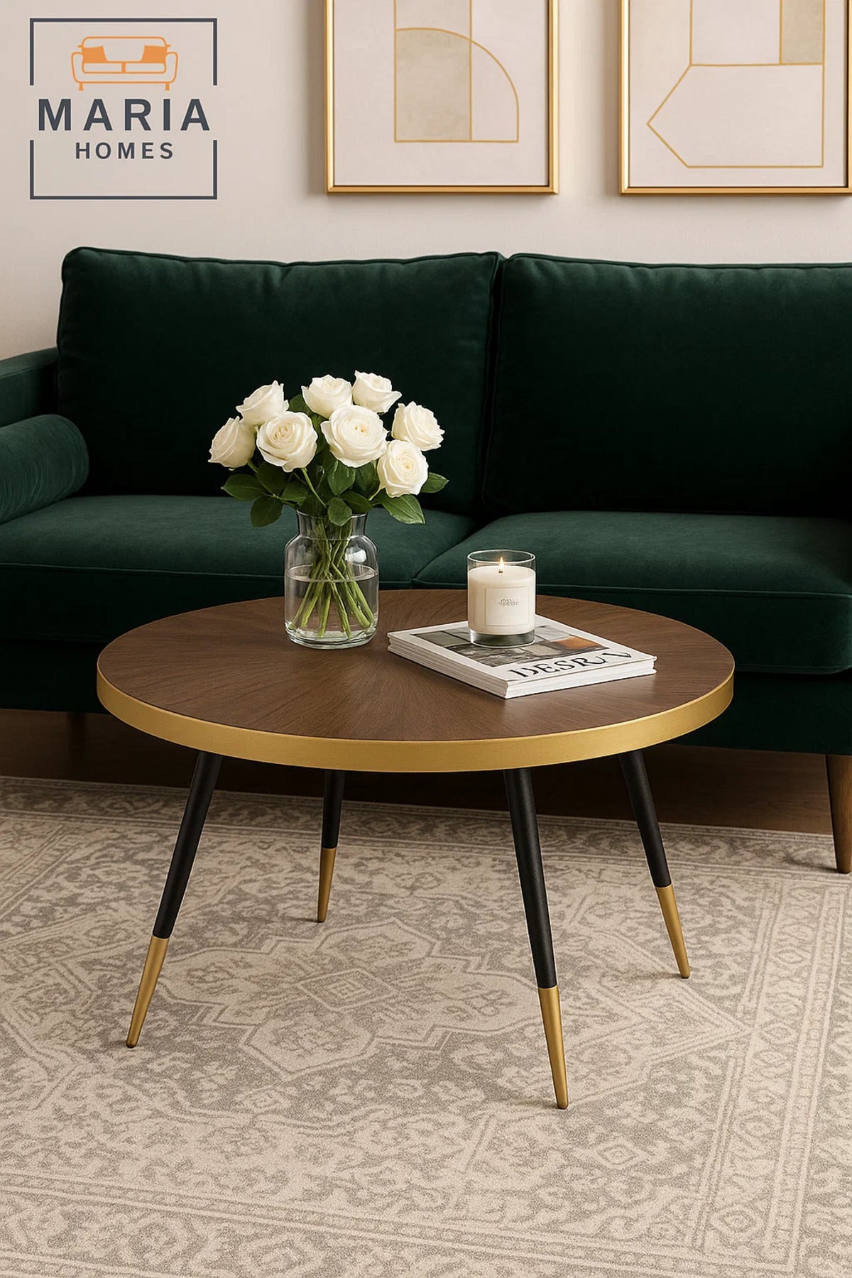 Modern Round Coffee Table Walnut Top with Gold Trim & Black Legs for Stylish Living Rooms