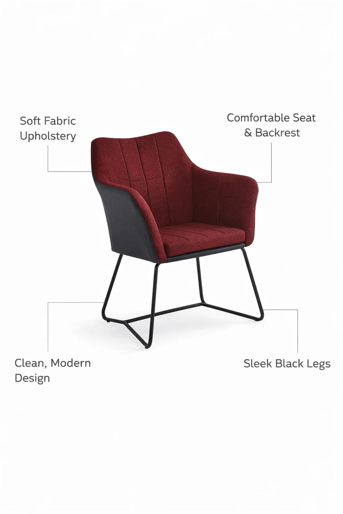 Contemporary Red Upholstered Dining Armchair with Black Leather Shell and Durable Metal Sled Base