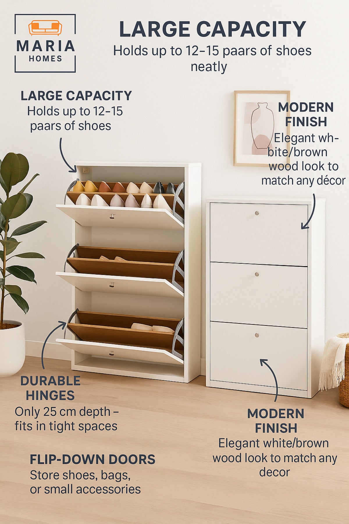 White Shoe Cabinet Ð 3 Tier Slim Storage Organizer for Entryway 62_25_120 cm