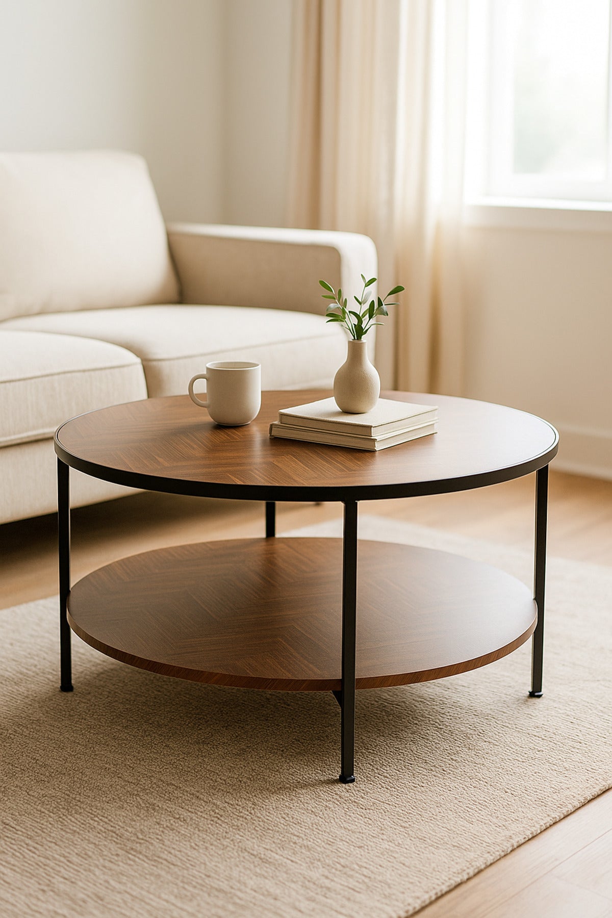 Round Brown Coffee Table with Wooden Shelves Modern Center Table with Black Metal Frame 100_45 cm