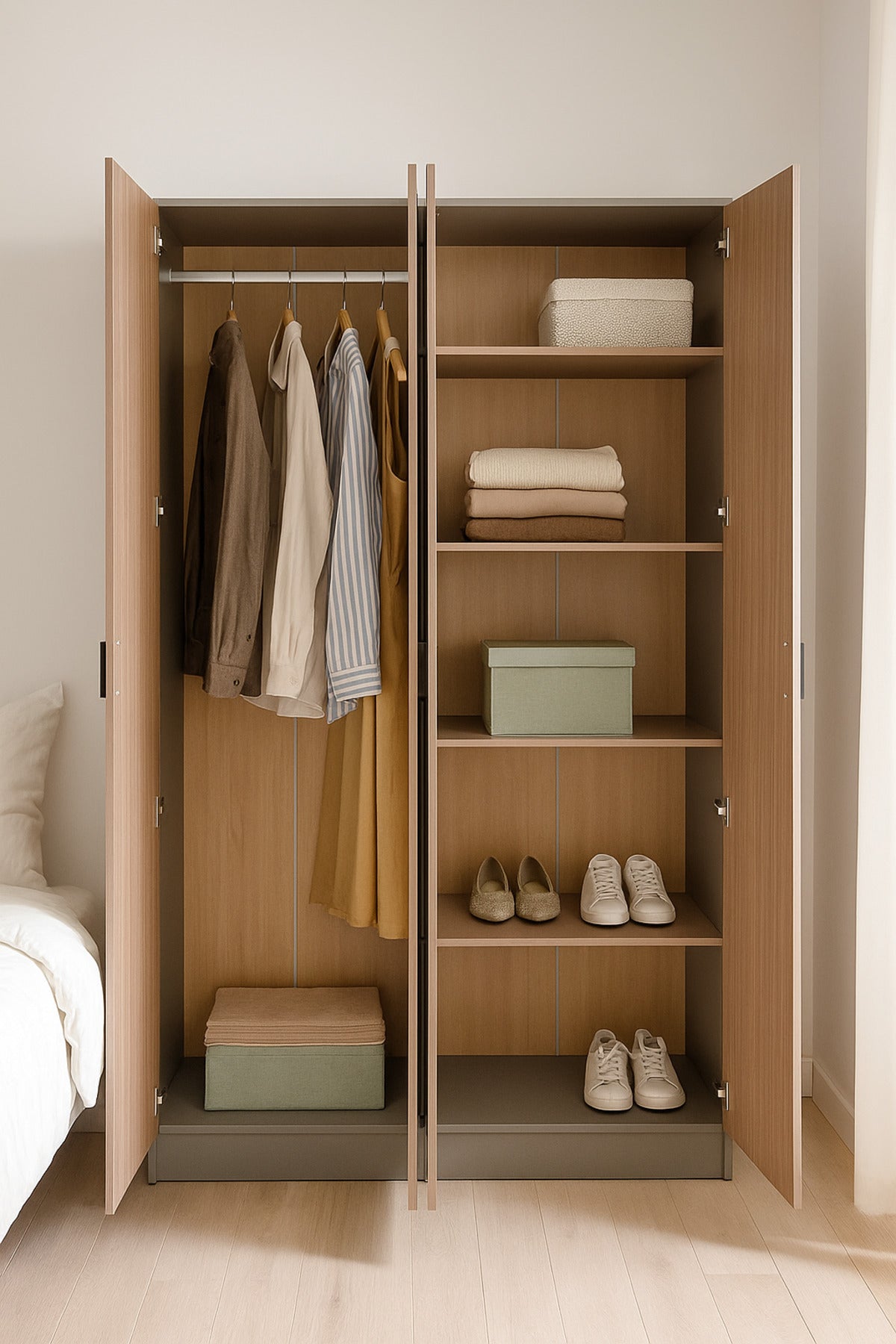 3-Door Wardrobe with Shelves Ð 160_54_200 cm Modern Gray & Wood Finish Large Storage Cabinet