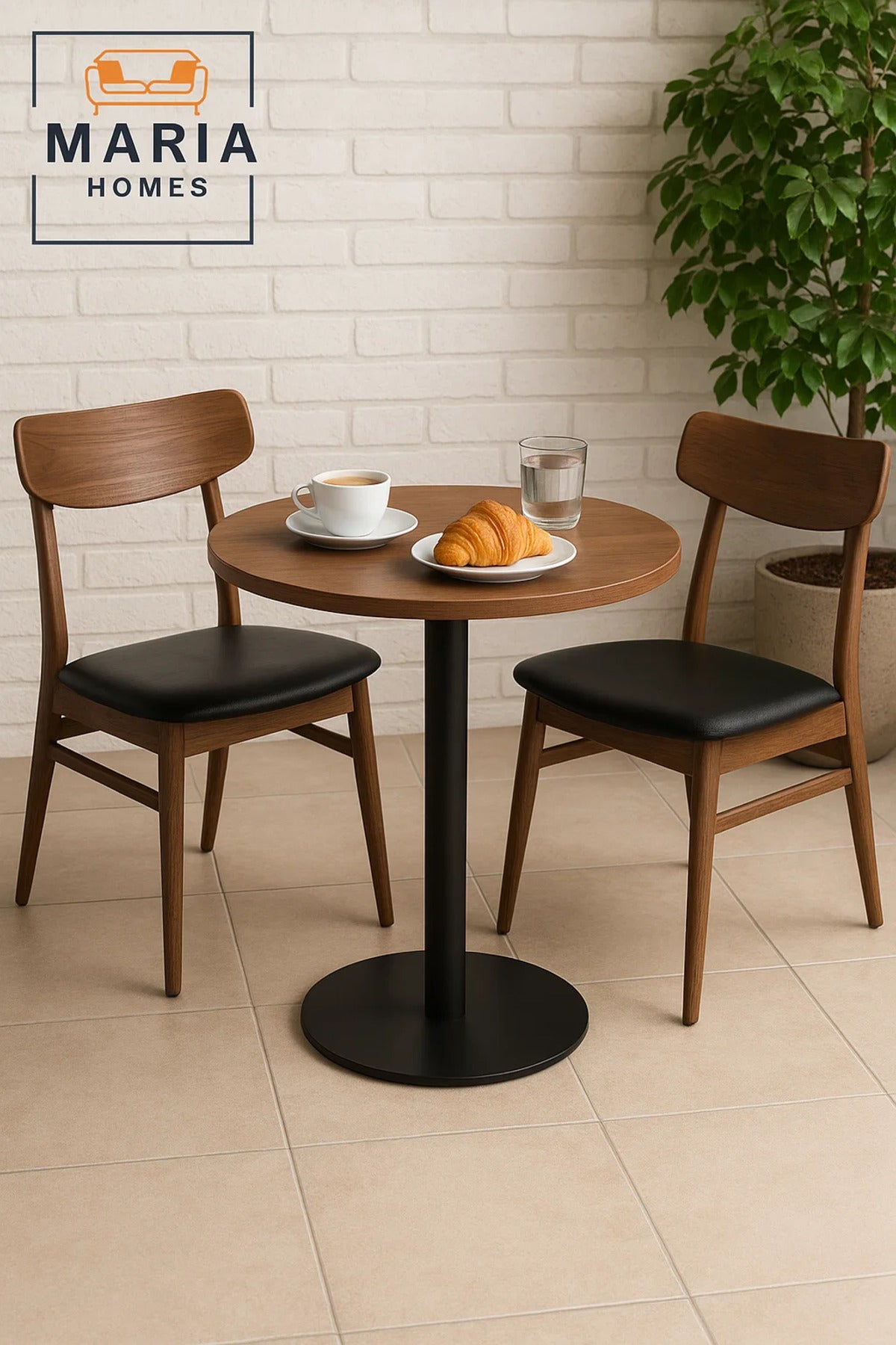 Round Walnut Bistro Table with Black Pedestal Base
