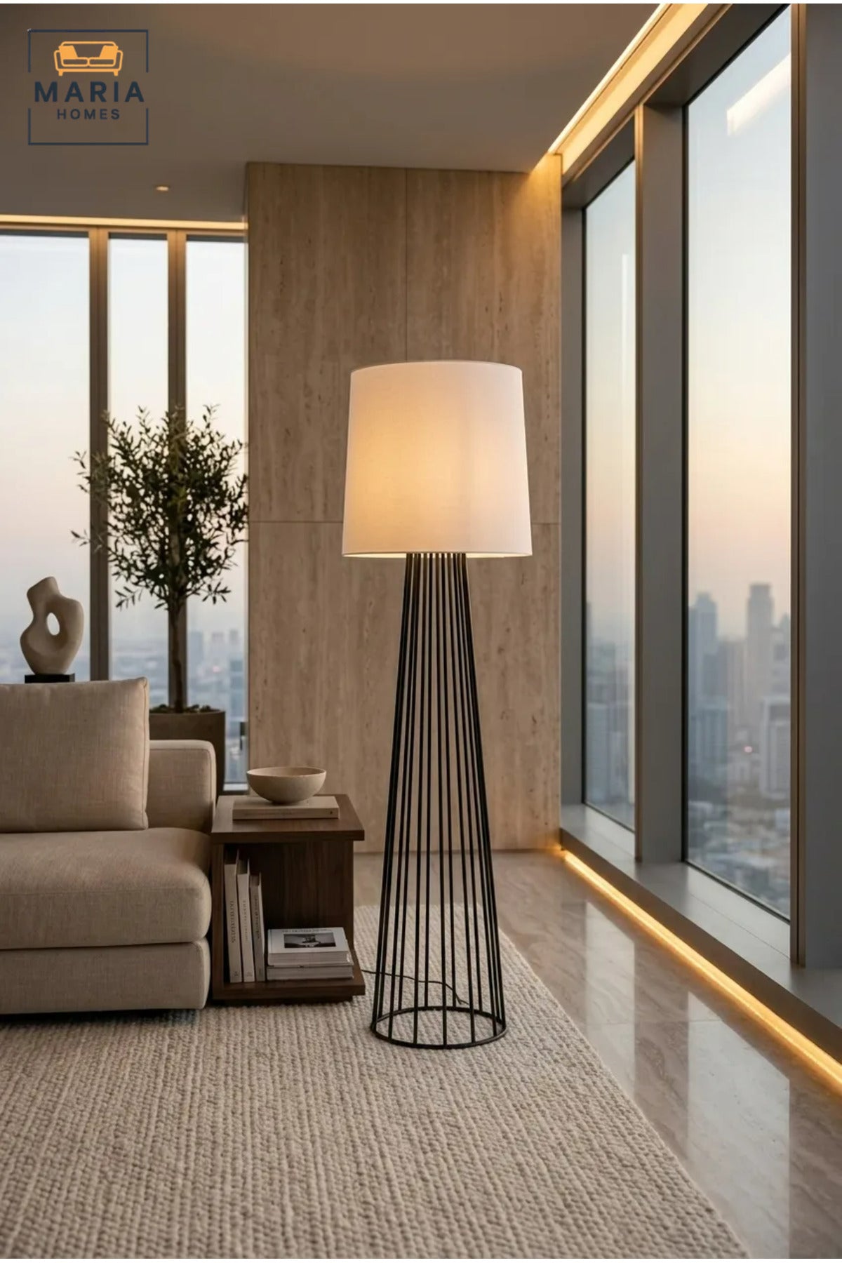 Modern Floor Lamp with Fabric Drum Shade and Open Cage Frame, Decorative Freestanding Standing Light for Living Room, Bedroom, Reading Corner and Office