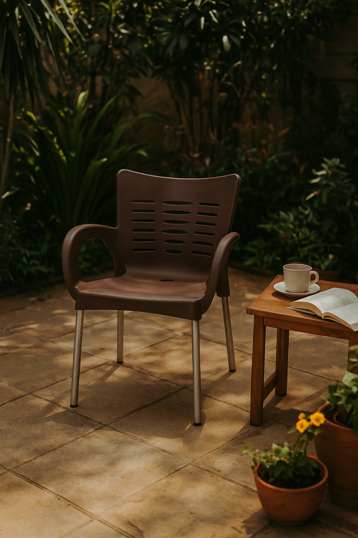 Modern Brown Plastic Outdoor Armchair for Garden, Patio & Balcony Durable & Stylish Design