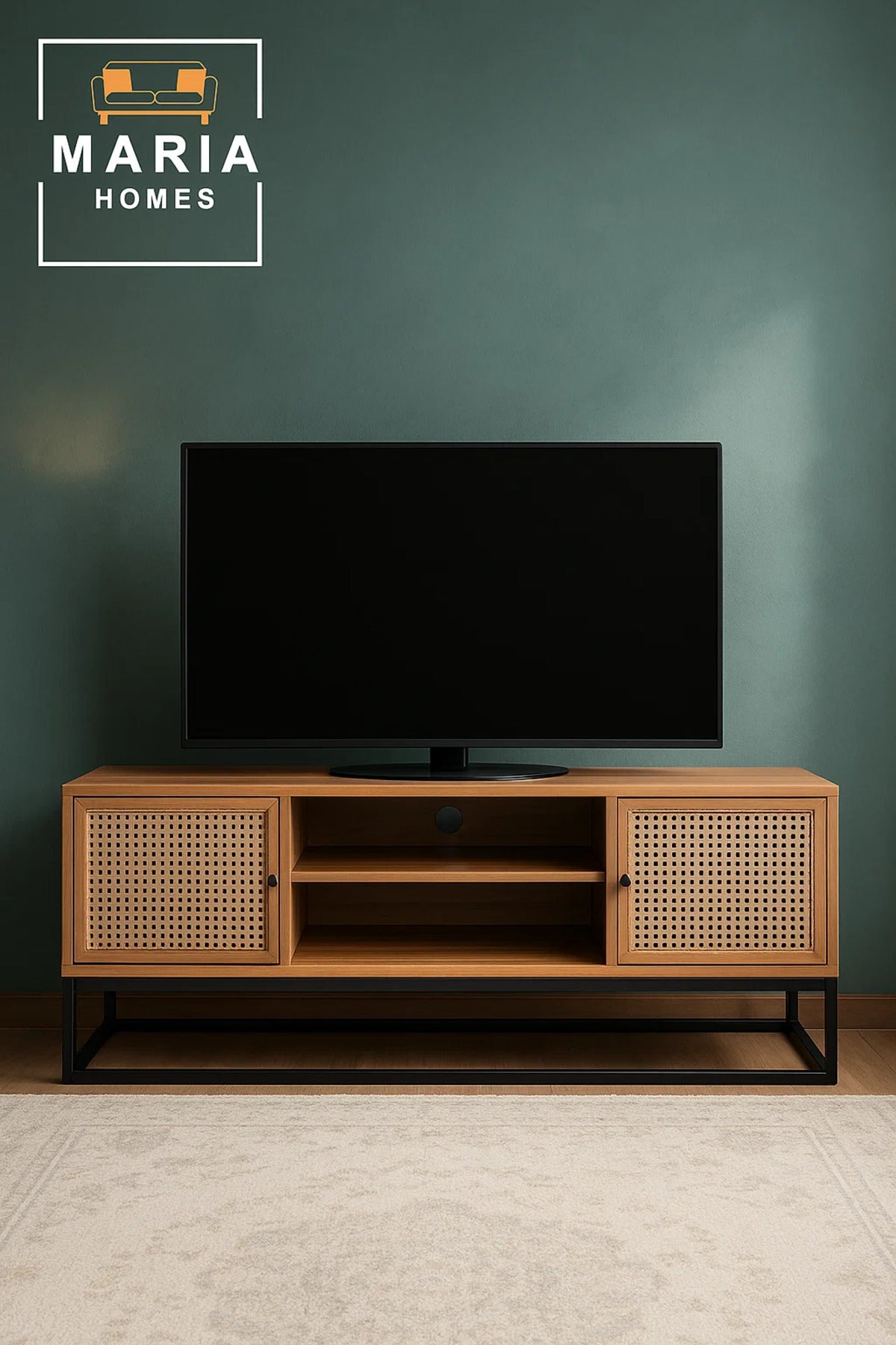 Natural Wood TV Console with Rattan Doors and Black Metal Base Ð 140x39x48 cm
