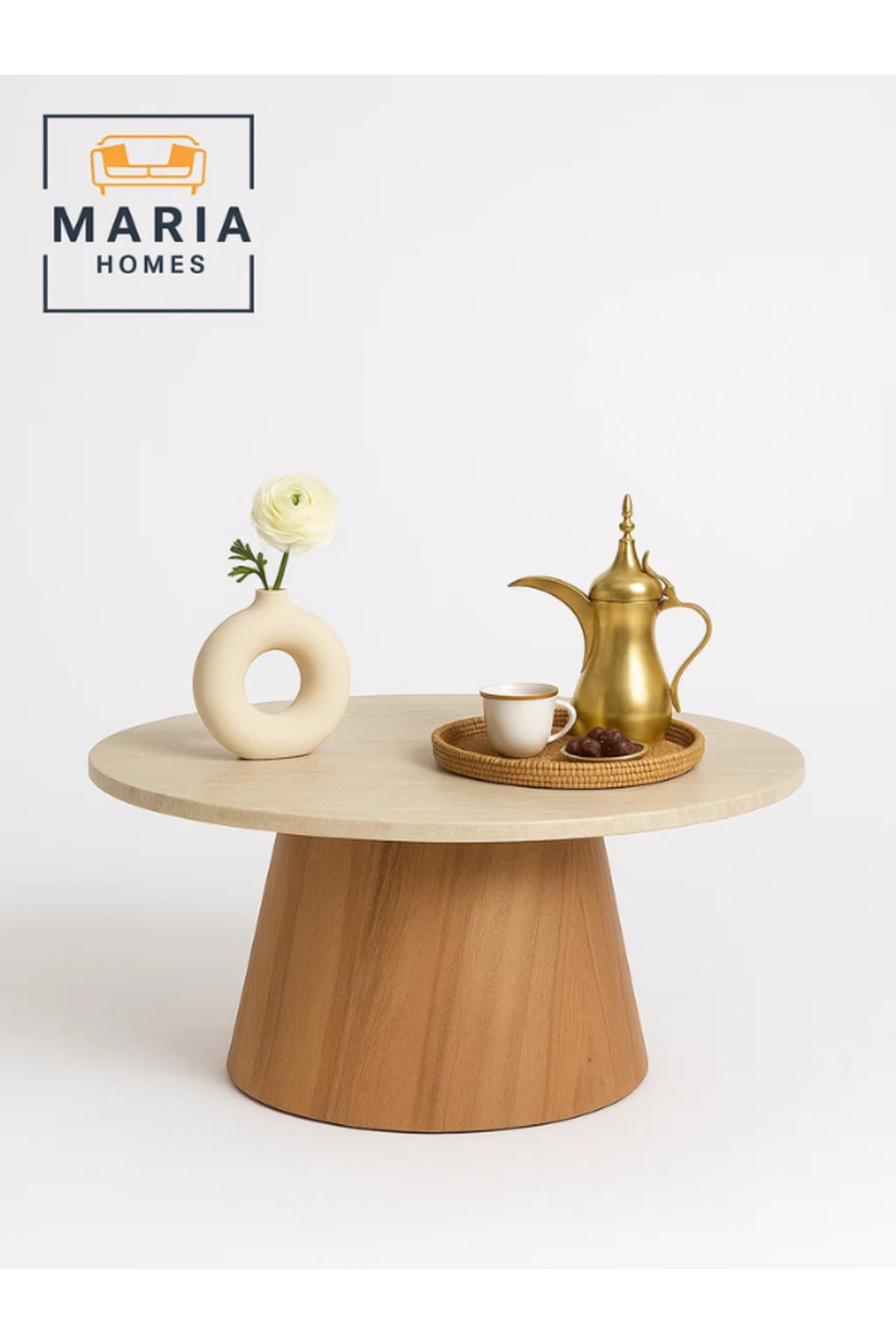 Round Coffee Table 90_45 cm Ð Modern Beige Laminate Top with Brown Wooden Base