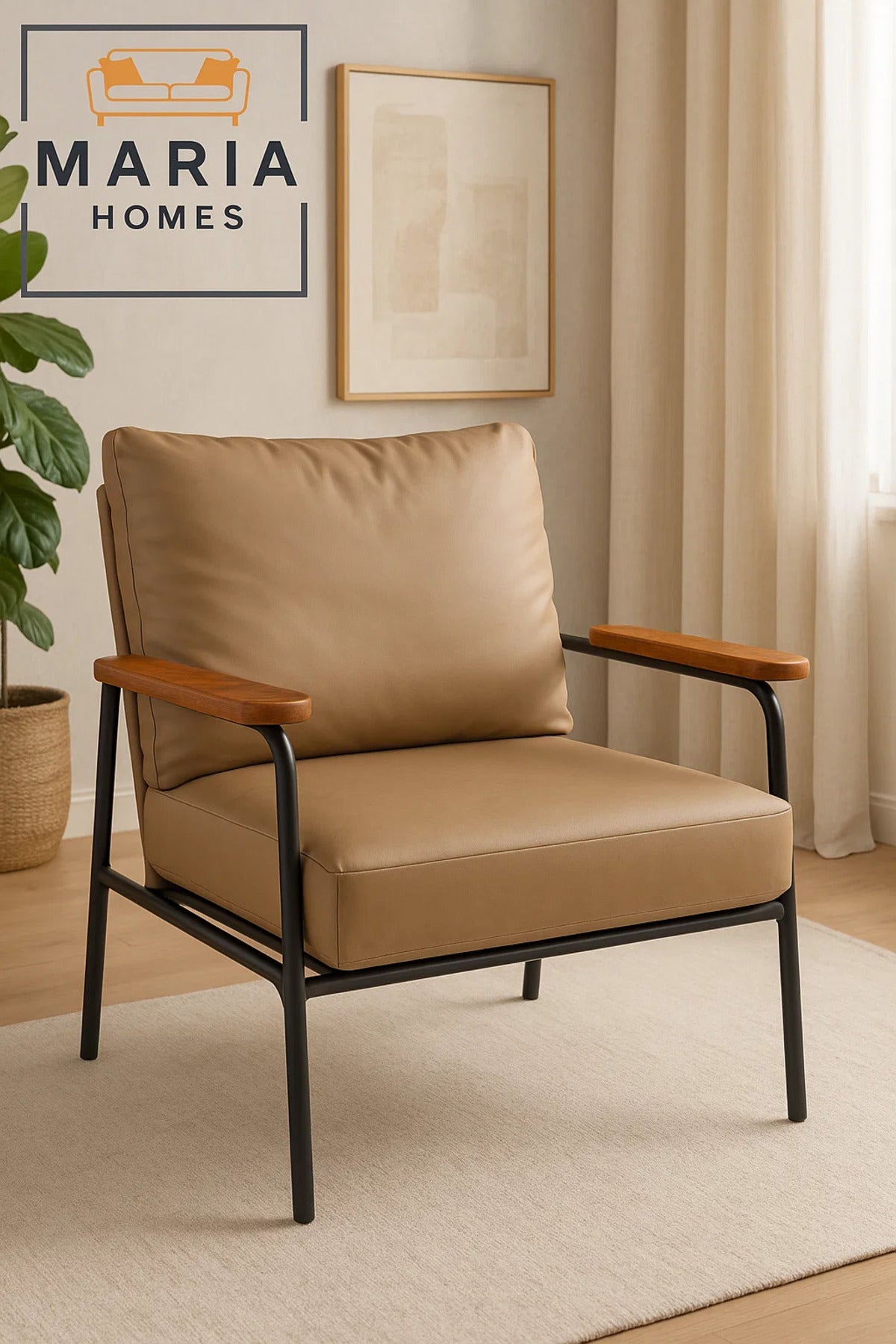 Beige Faux Leather Lounge Chair Ð Wooden Armrests & Metal Frame for Modern Living Room or Office
