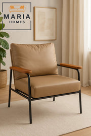 Beige Faux Leather Lounge Chair Ð Wooden Armrests & Metal Frame for Modern Living Room or Office