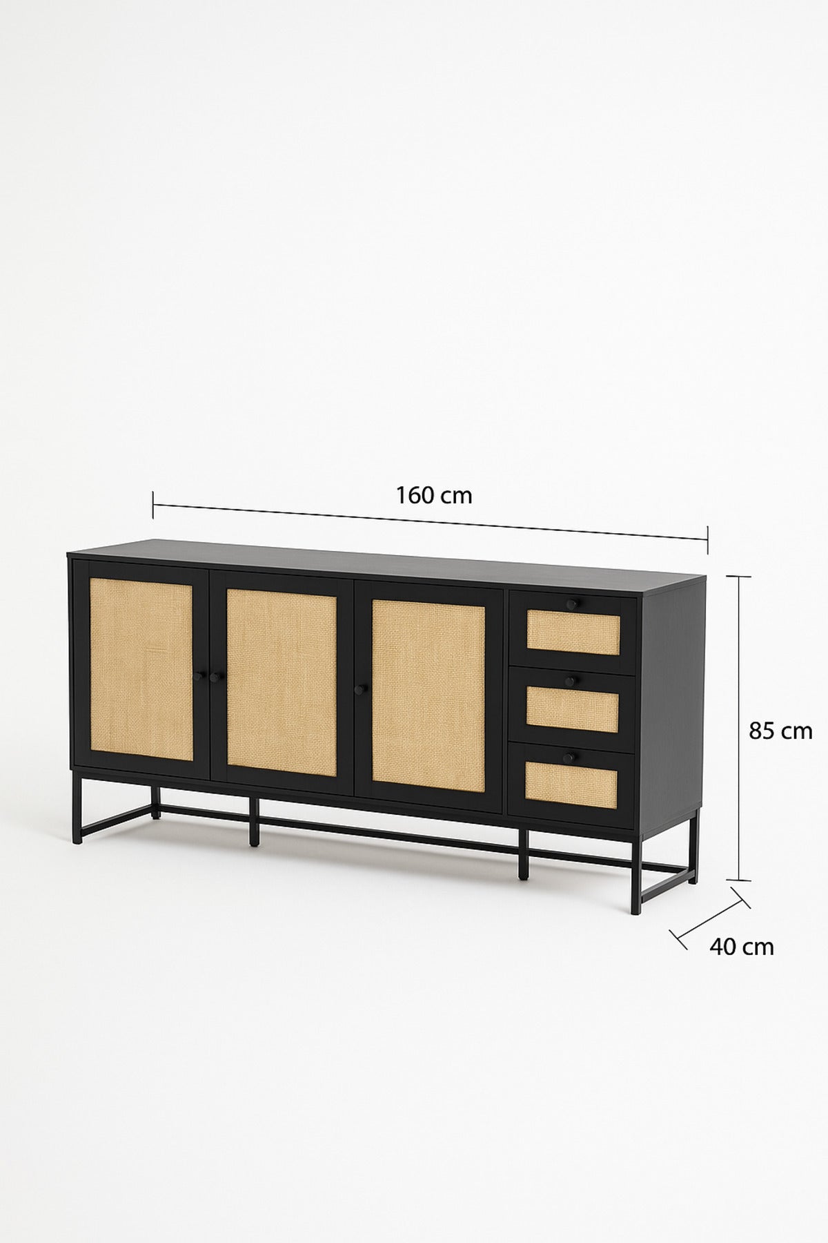 Black Rattan Console Table 160_40_85 cm Ð Modern Wooden 4-Door Storage Cabinet with 3 Drawers