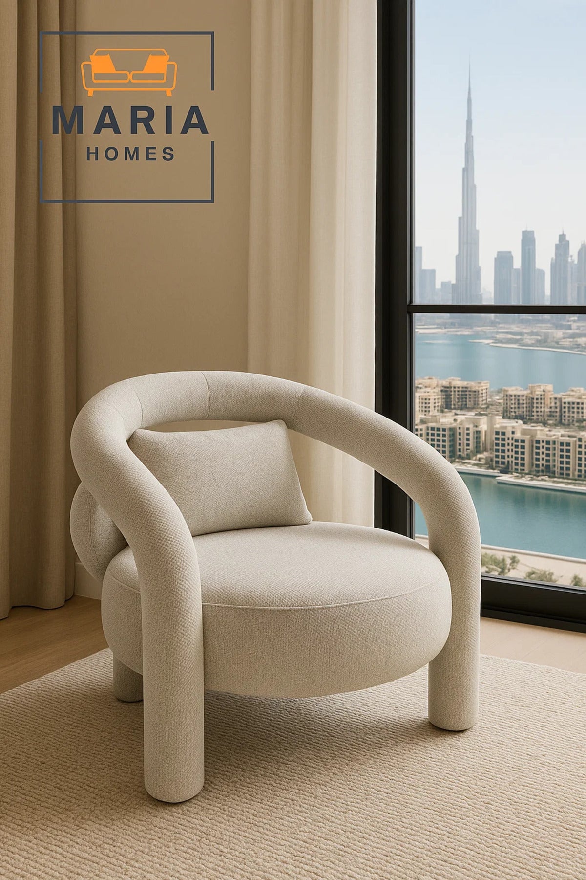 Modern Beige Artistic Accent Chair Ð Round Armchair with Tubular Frame and Minimalist Luxury Style