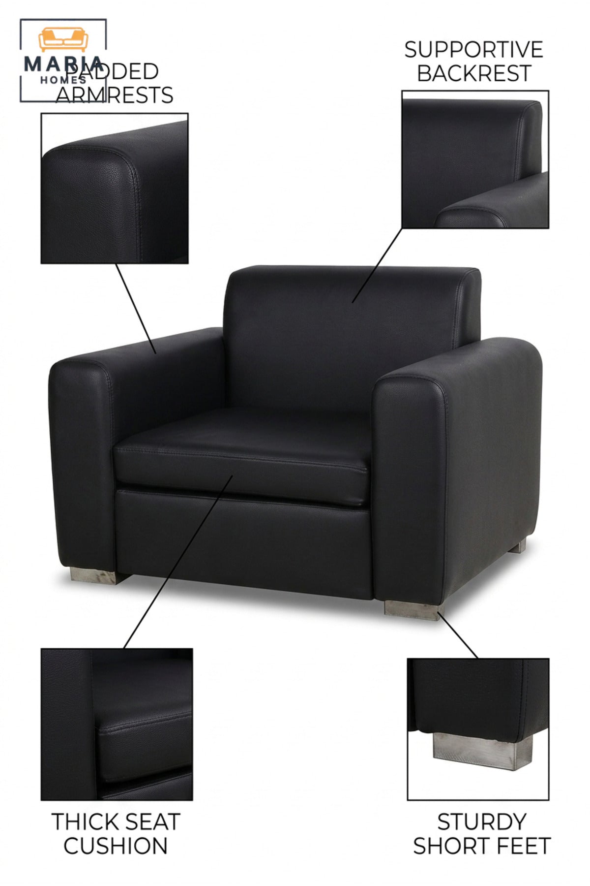 Modern Black Leather Armchair with Wide Padded Armrests, Cushioned Seat & Low Metal Feet, Contemporary Lounge Accent Chair for Living Room Office Reception