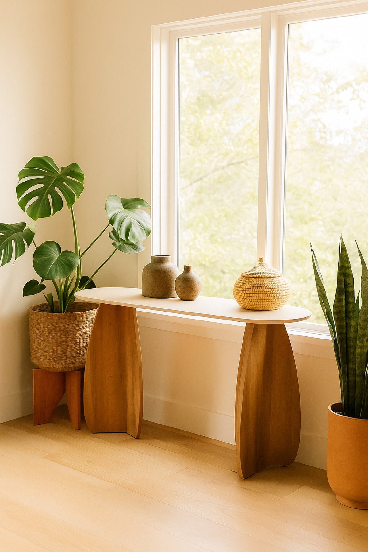 Modern Console Table 140_40_80 cm Ð Brown Wooden Base with Beige Top for Entryway & Living Room