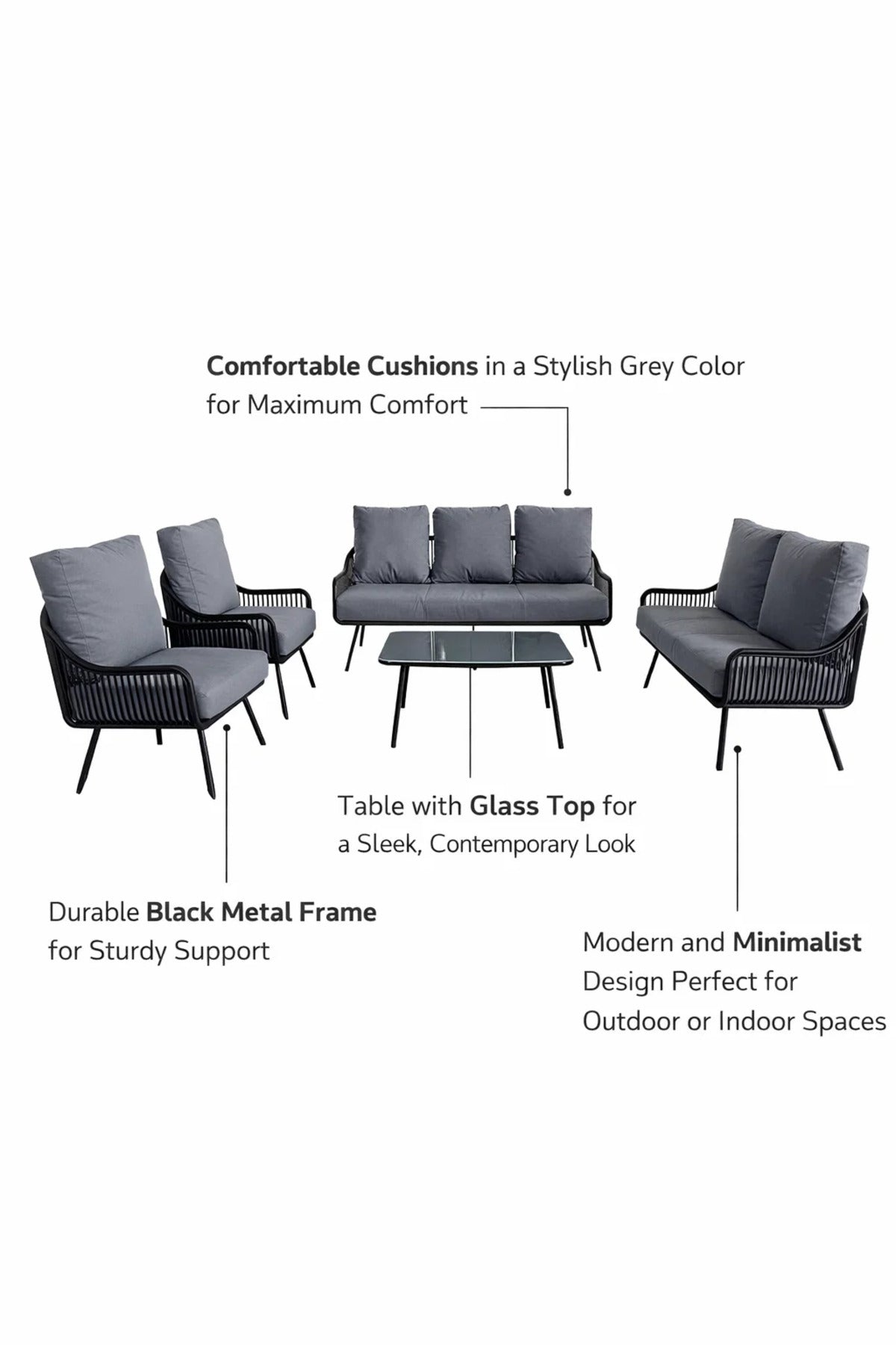 Black and Grey 7Piece Sofa Set with Glass Coffee Table Modern Seating for Indoor or Outdoor Spaces