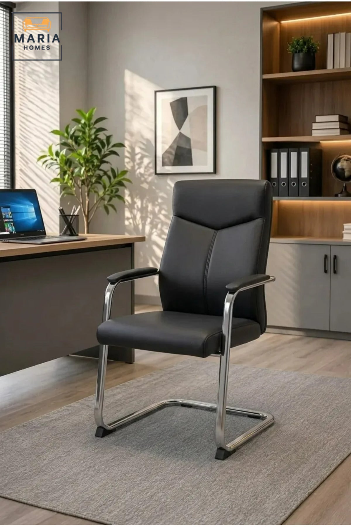 Black High-Back Office Visitor Chair with Padded Armrests, Cushioned Seat and Chrome Cantilever Base for Meeting Room, Reception and Study