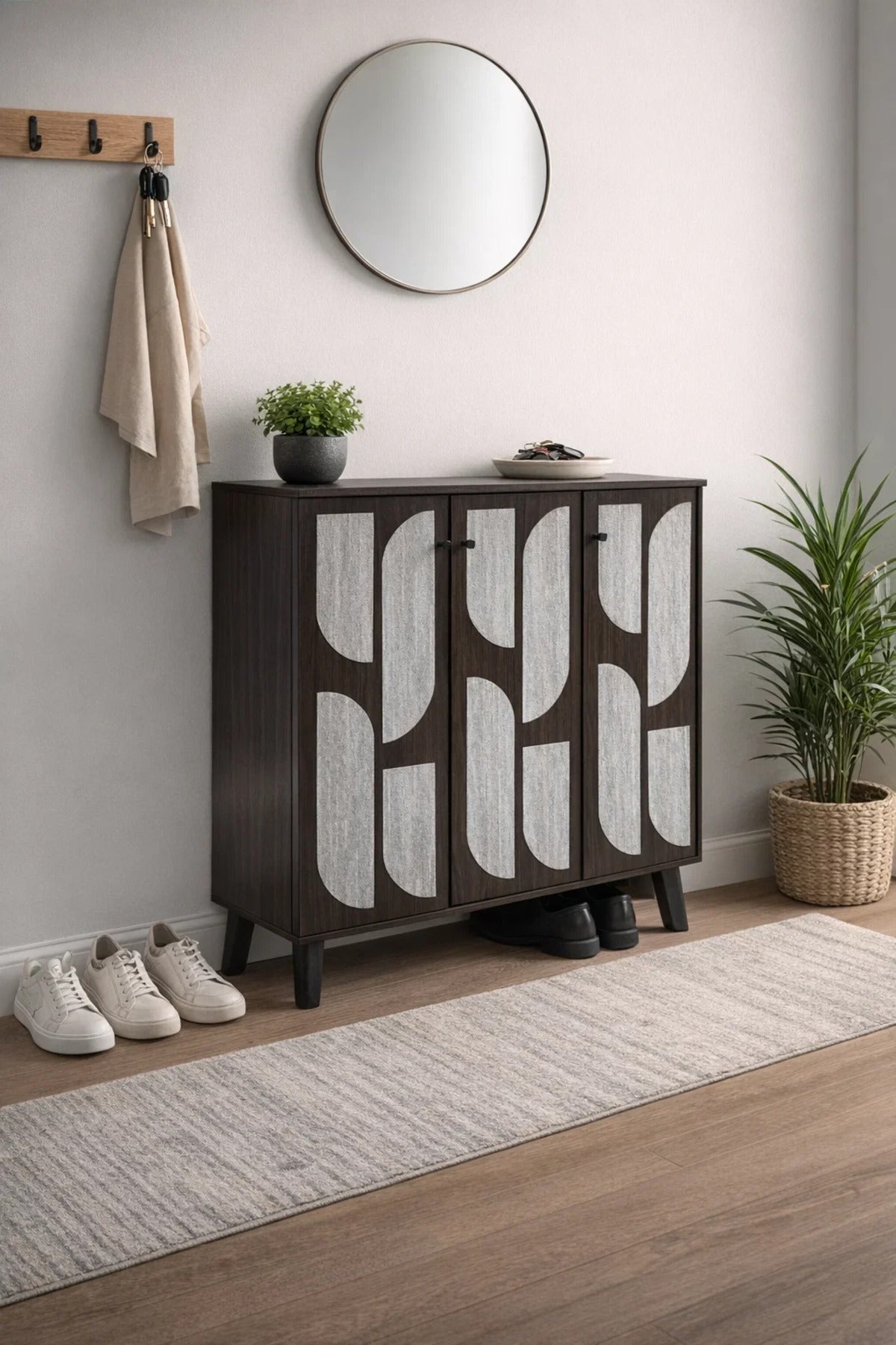 Brown & Grey Shoe Cabinet 90_34_91 cm √ê Modern Shoe Organizer with Decorative Doors