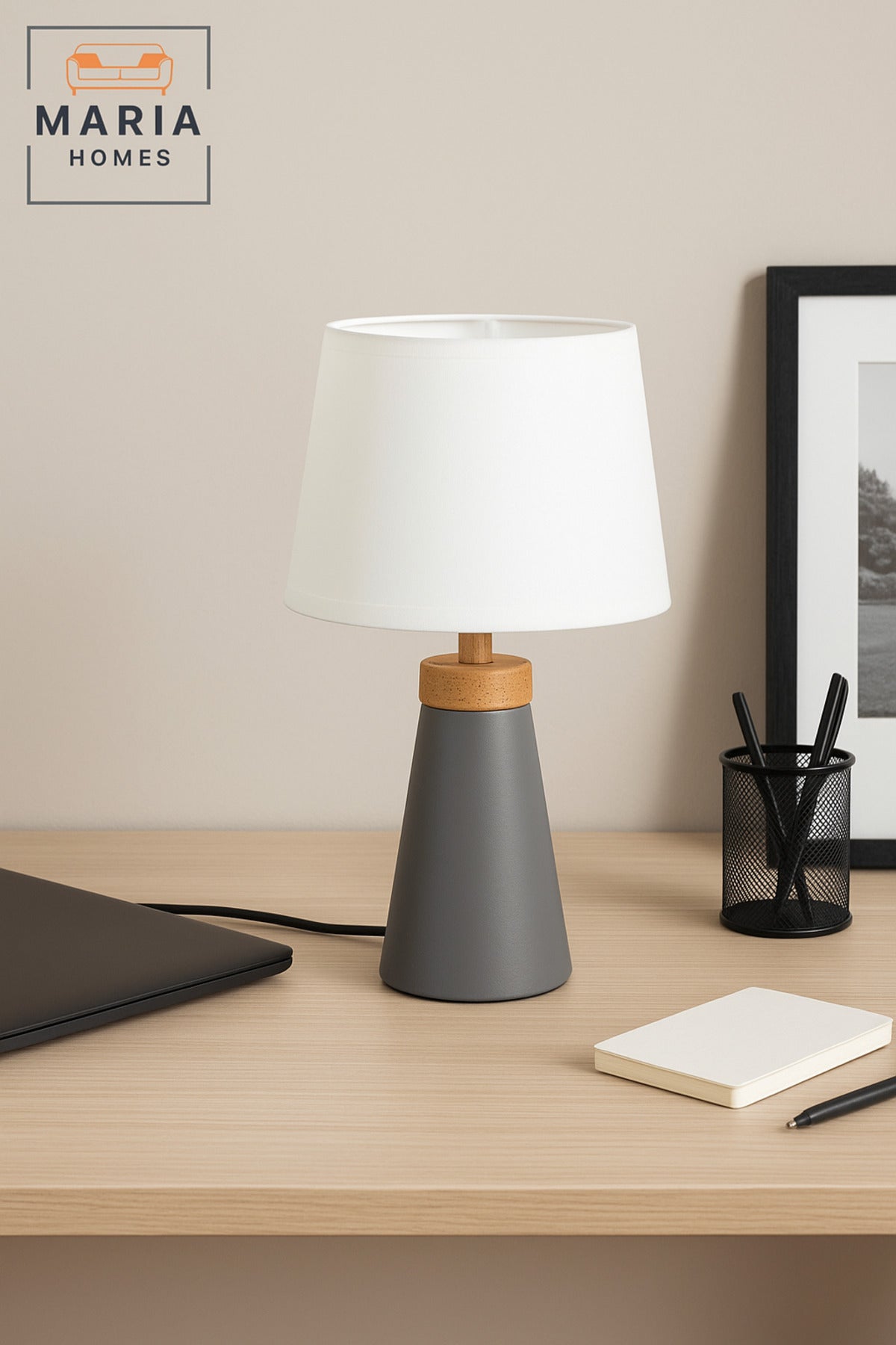 Modern Table Lamp with Grey Base and White Shade Ð Minimalist Home Decor