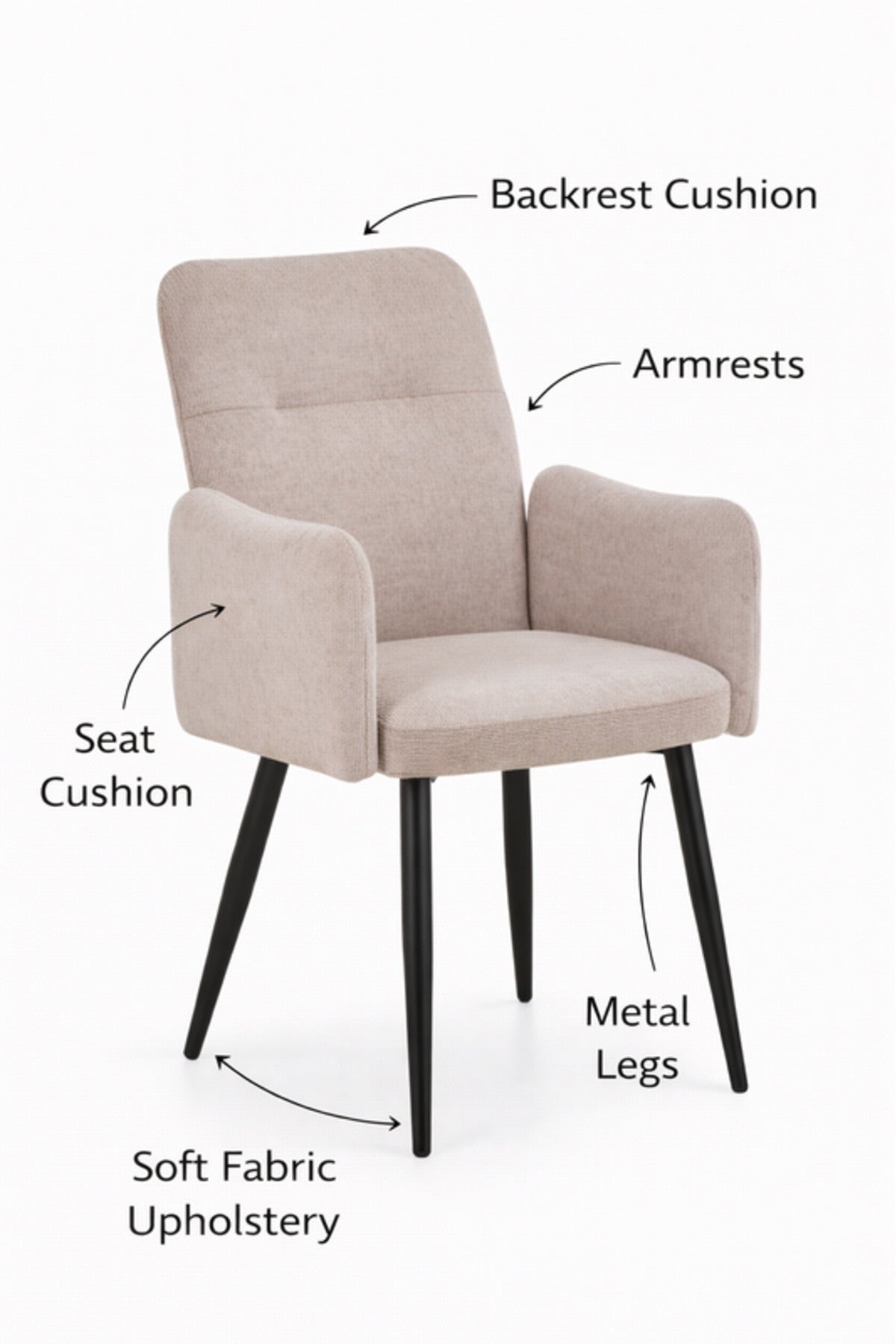 Beige Armchair with Black Metal Legs, 90x55x47 CM beige armchair Dining Room Chair