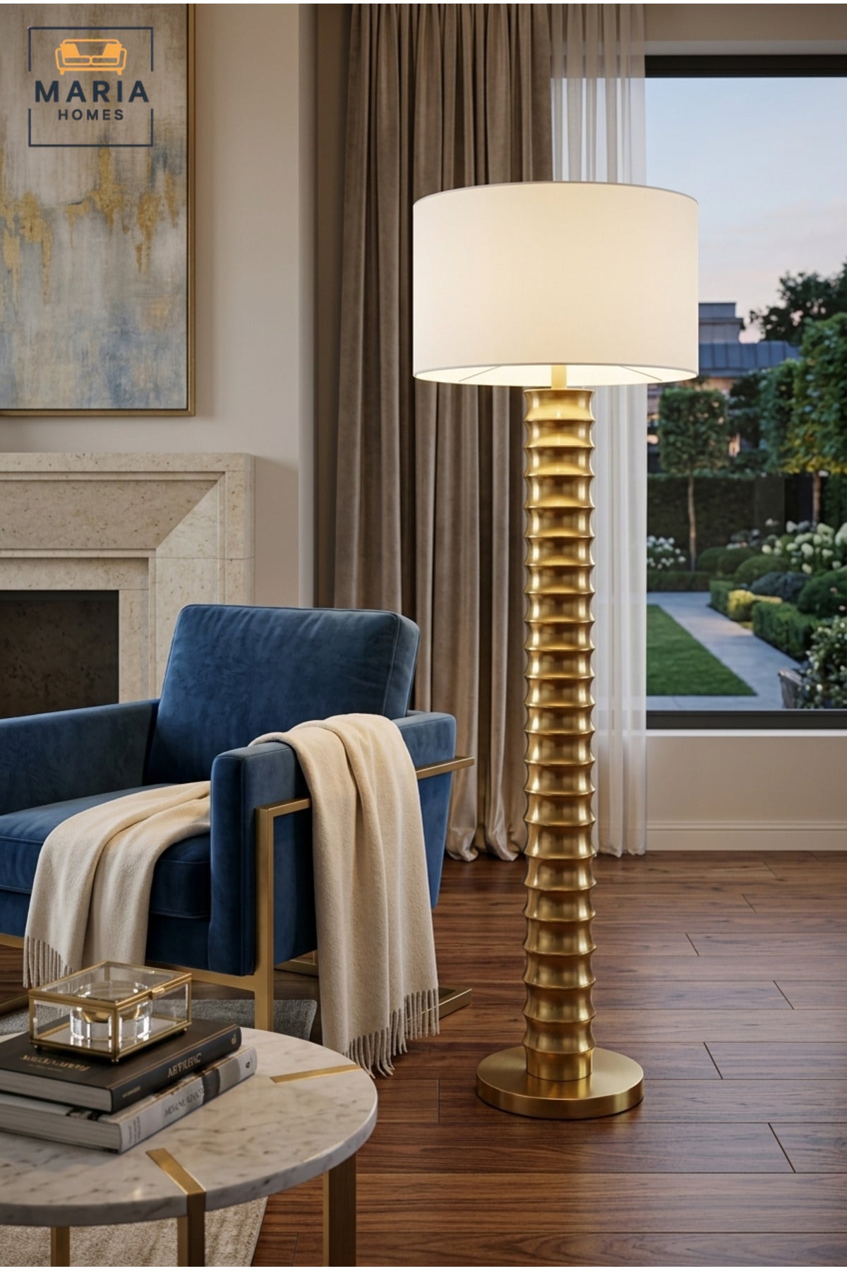 Modern Gold Ribbed Floor Lamp with Tall Sculptural Column, Fabric Drum Shade and Round Base Decorative Standing Light for Living Room Bedroom Office