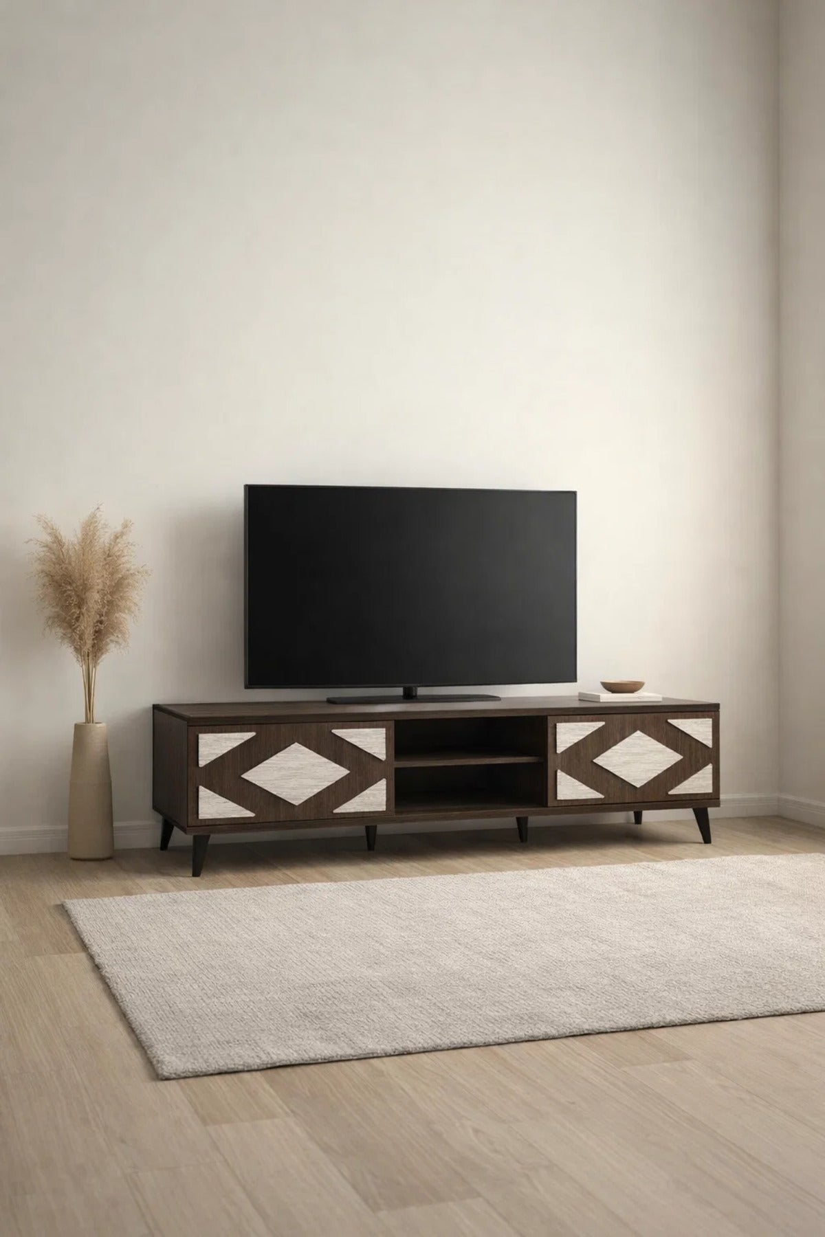 Stylish 180cm TV Unit with Geometric Pattern Doors and Open Shelves for Modern Living Rooms