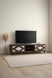 Stylish 180cm TV Unit with Geometric Pattern Doors and Open Shelves for Modern Living Rooms