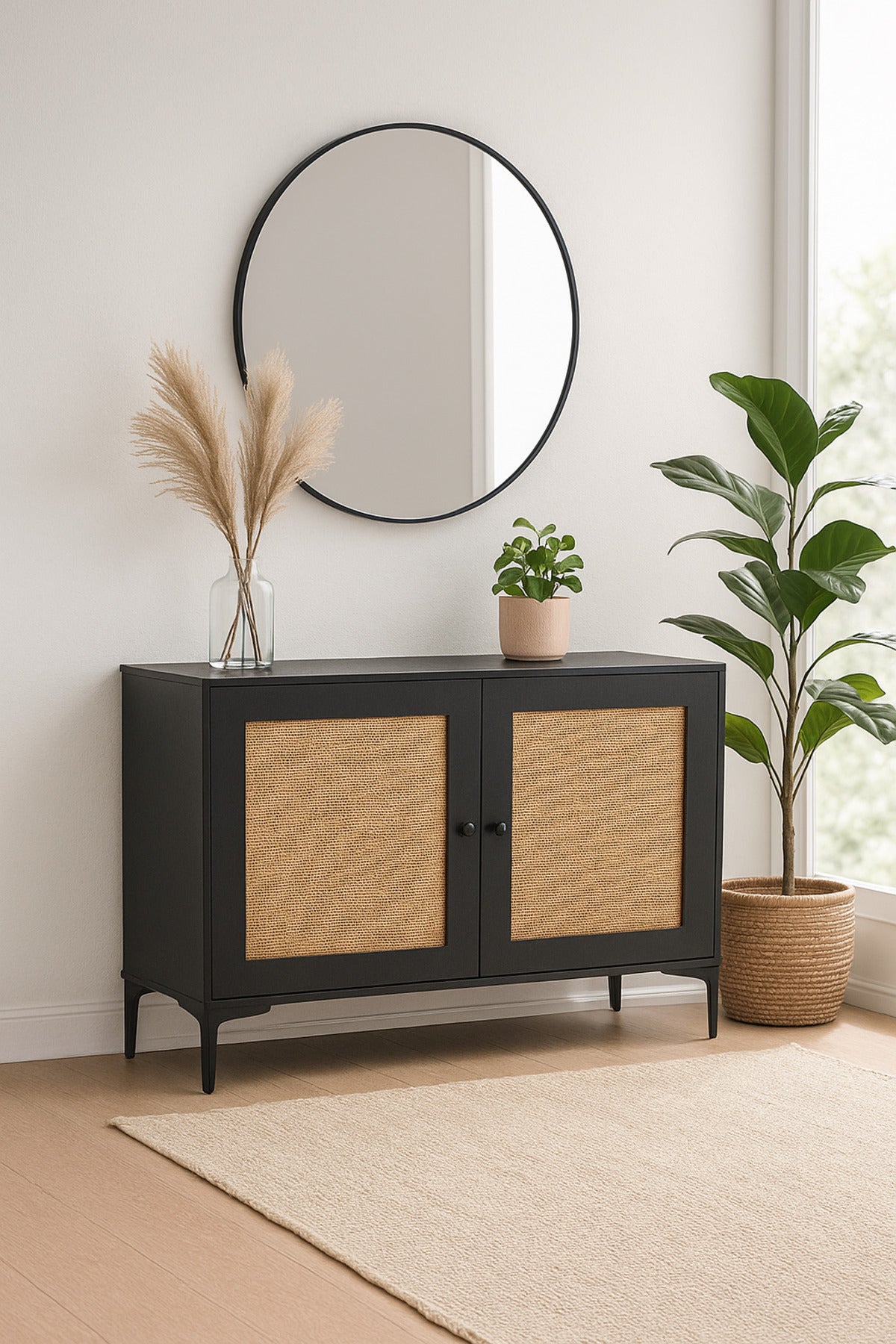 Black Rattan Console Table 120_40_85 cm Ð Modern Wooden Storage Cabinet with Cane Doors