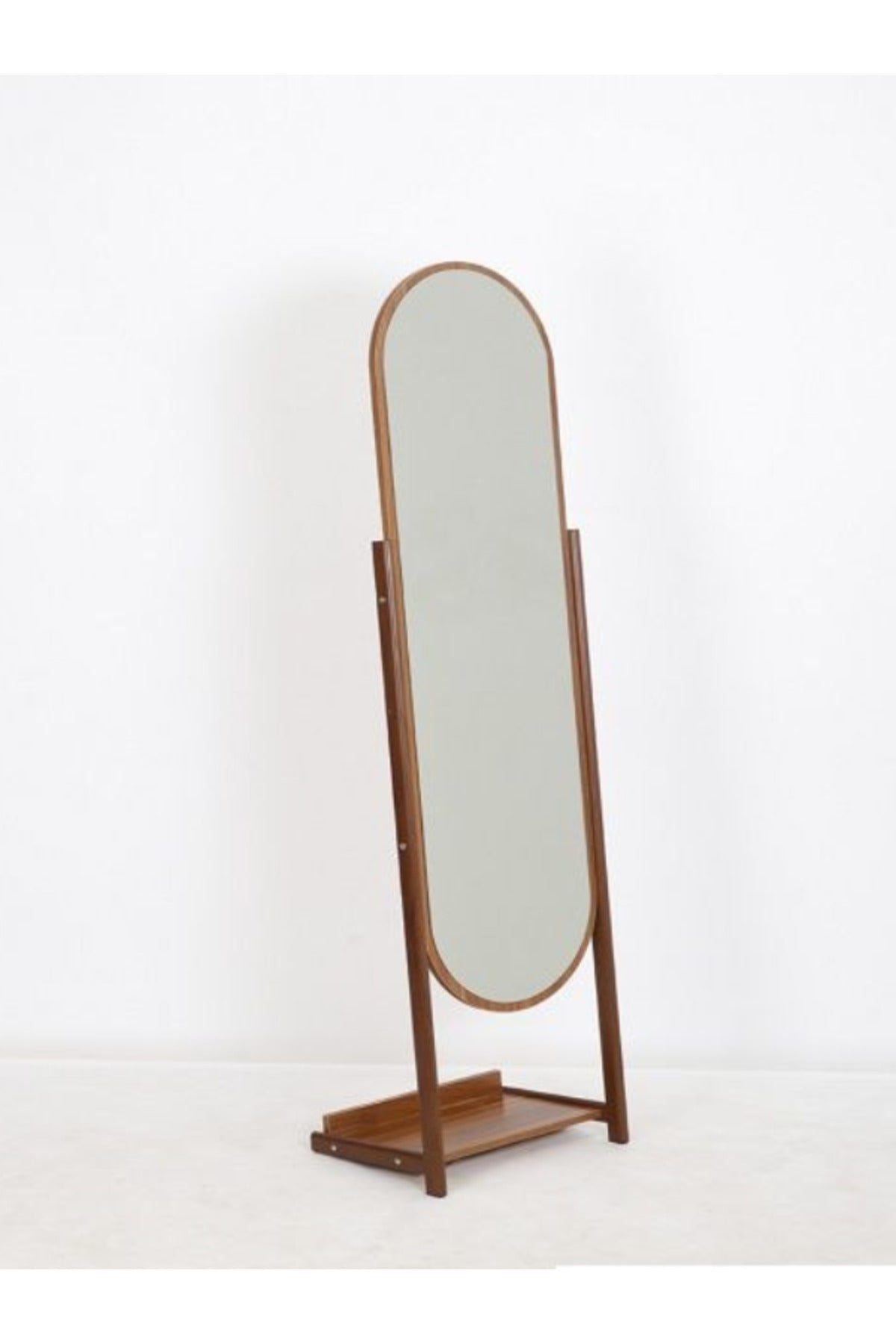 Full-Length Oval Standing Mirror 170_44_32 cm Ð Walnut Wood Frame Dressing Mirror with Base Shelf