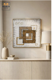 Luxury Geometric Abstract Wall Art Ð Textured Gold Square Design with Decorative Bead Accents