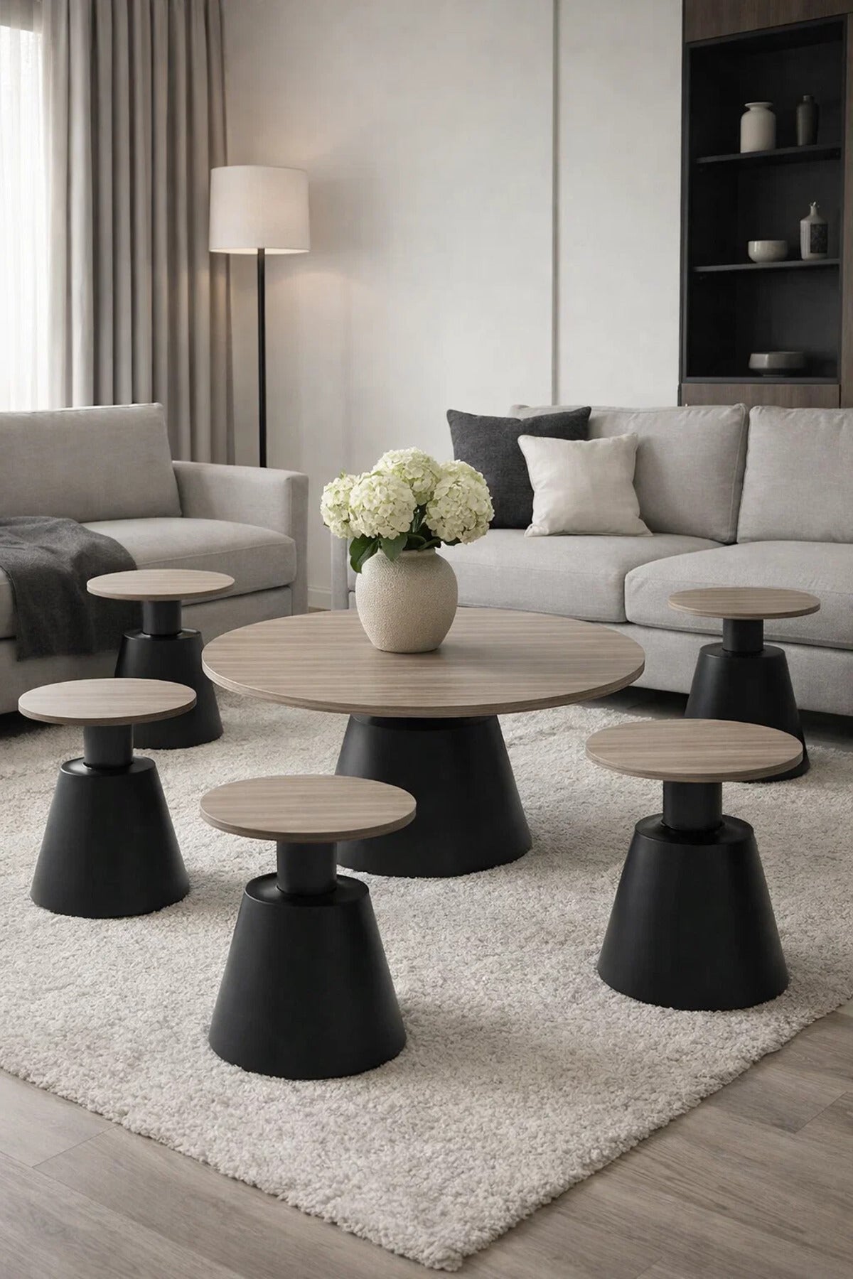 7-Piece Modern Round Coffee Table Set Dark Grey Wood Top Black Base Stylish Living Room Decor