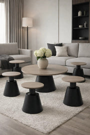 7-Piece Modern Round Coffee Table Set Dark Grey Wood Top Black Base Stylish Living Room Decor