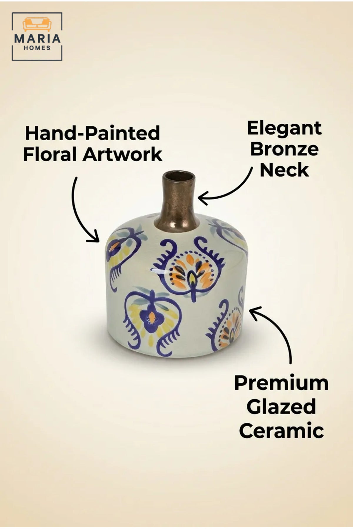 Multicolour Floral Decorative Vase, Modern Ceramic Flower Holder with Narrow Metallic Neck for Living Room, Bedroom, Office, Shelf and Table Décor