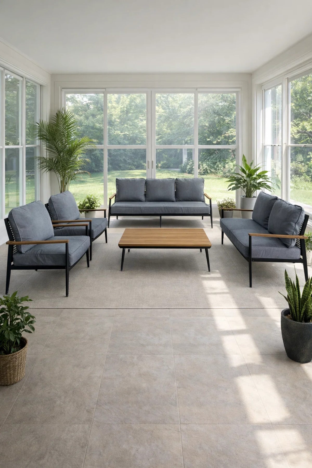 Modern 7Piece Black and Dark Grey Sofa Set with Wooden Coffee Table Living Room Furniture