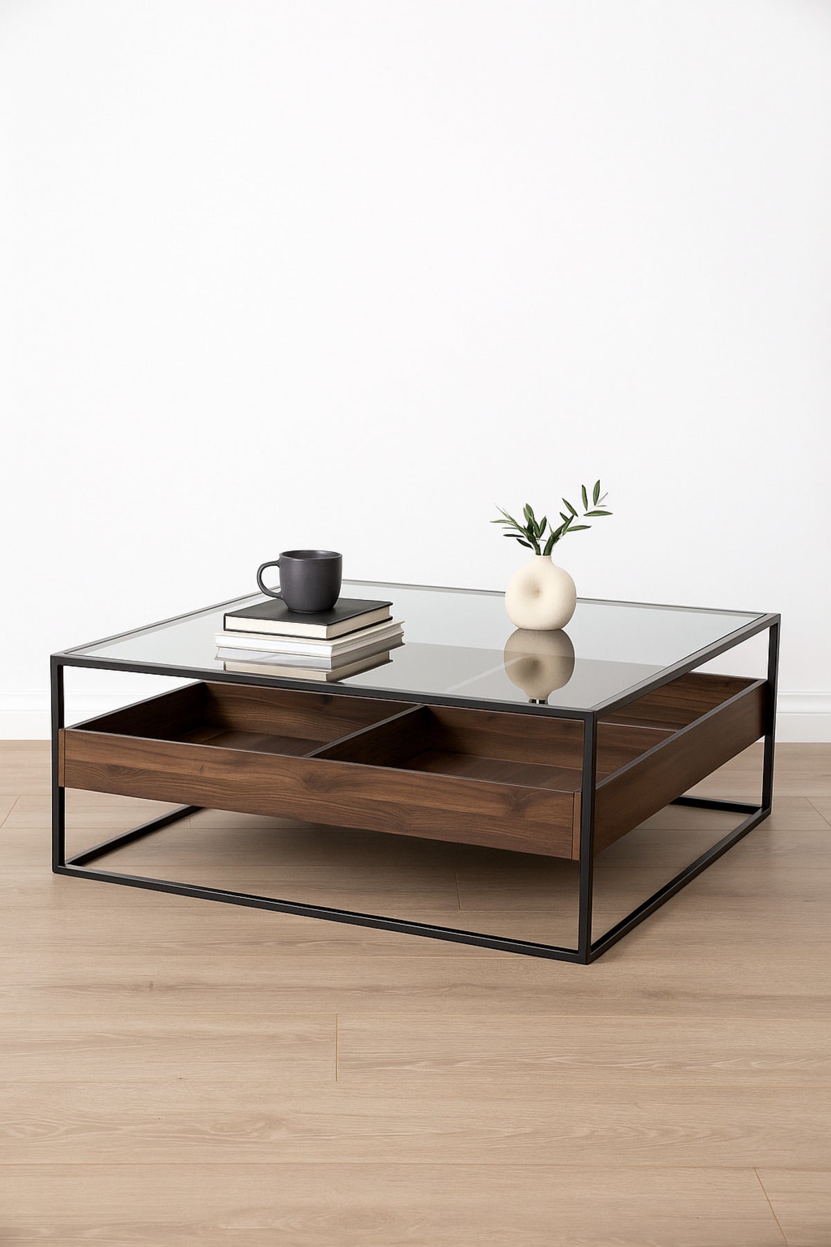 Walnut Coffee Table with Glass Top & Black Metal Frame Ð Modern Square 100_100_45 cm