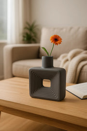 Matte Dark Grey Geometric Ceramic Vase Ð Modern Minimalist Square Flower Pot with Cut-Out Design