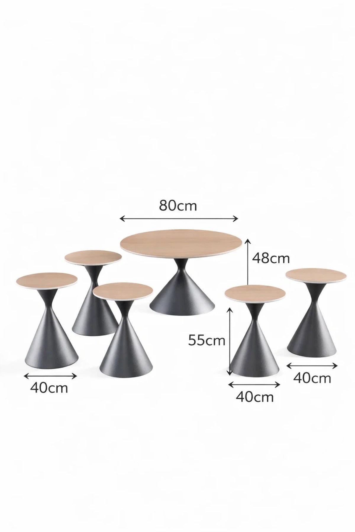 Modern 7-Piece Center Table Set 1 Large 6 Small Round Coffee Tables Light Brown Top Dark Base