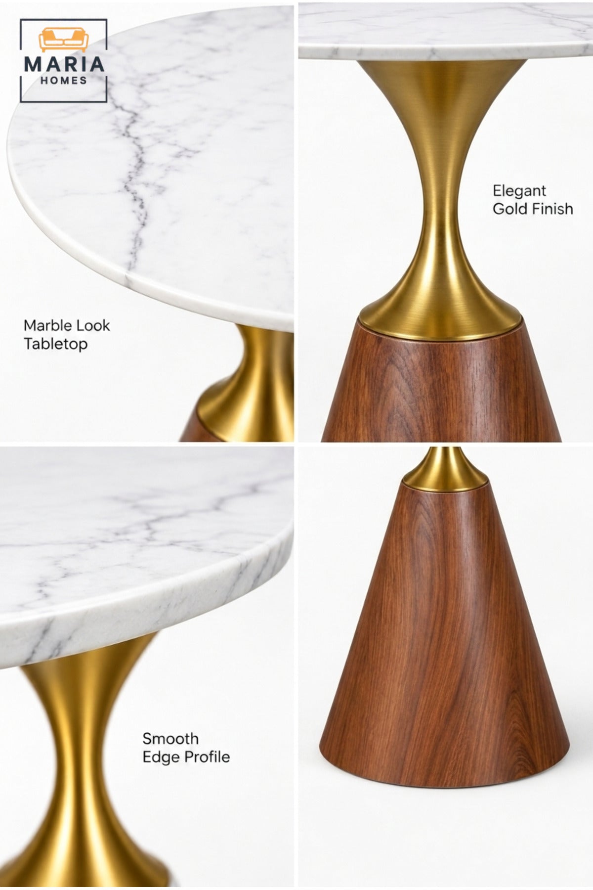 Modern Round Side Table with White Marble-Effect Top, Walnut Cone Base and Gold Accent Pedestal for Living Room & Bedroom – 60 × 67.5 CM