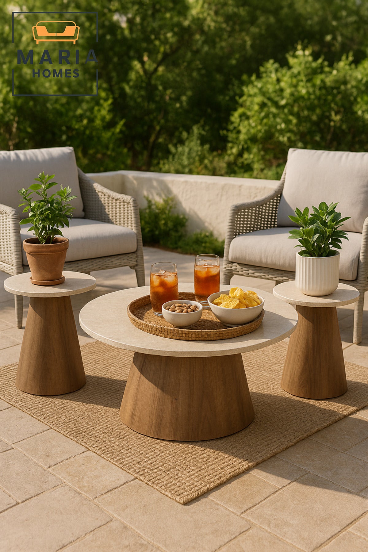 3-Piece Coffee Table Set Ð Beige Laminate Top with Brown Wooden Base (1 Large + 2 Small)