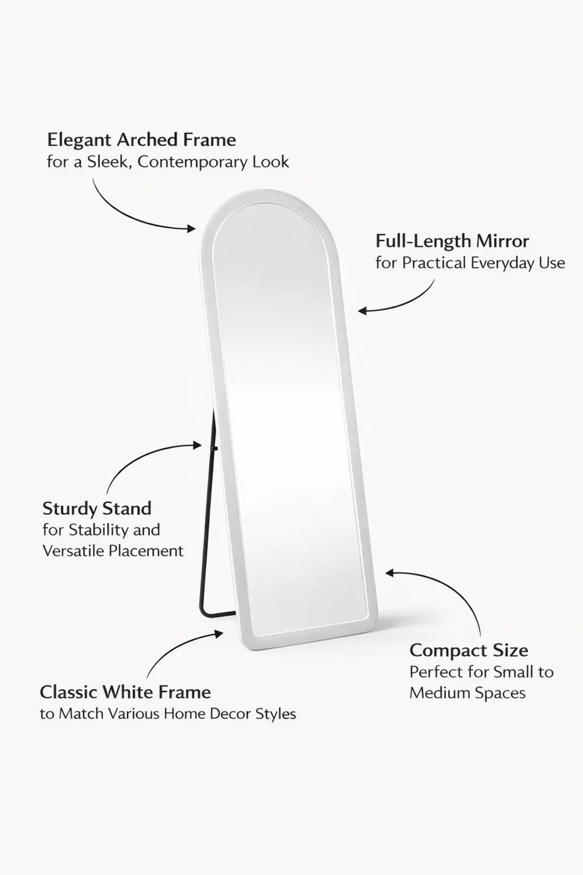 Modern White Arched Standing Mirror Full Length Floor Design 160x60cm for Bedroom Furniture