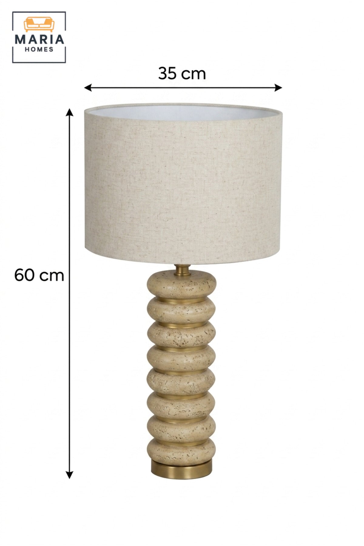 Modern Sculptural Table Lamp with Beige Drum Fabric Shade, Stacked Ring Textured Base and Gold Tone Accents for Bedroom, Living Room, Office and Hotel