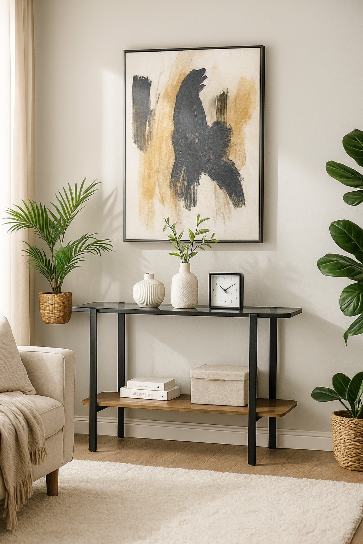 Modern Console Table with Glass Top Ð 140_40_80 cm | Brown Wood Shelf and Black Metal Frame