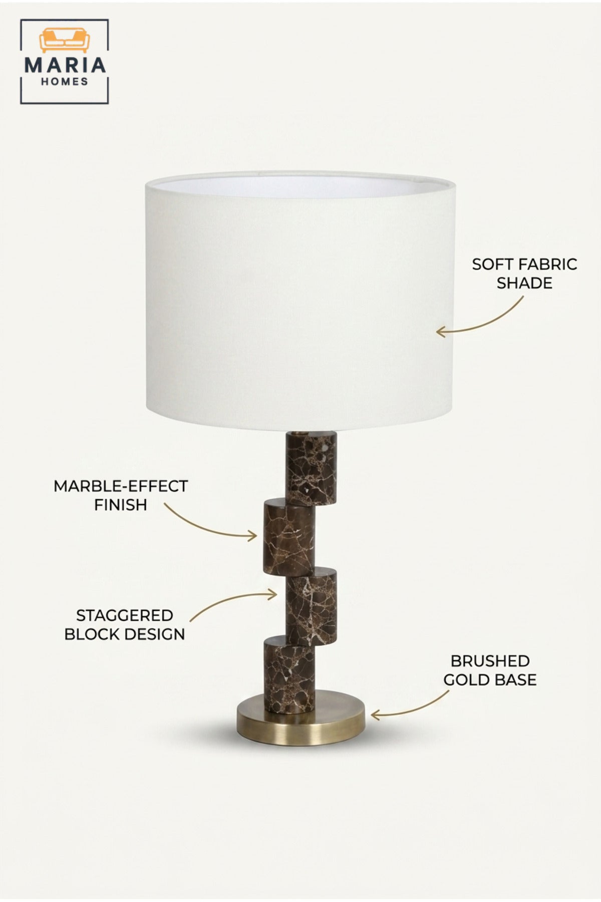 Modern Geometric Table Lamp with Marble Effect Column, White Fabric Shade and Gold Base Decorative Bedside Light for Bedroom Living Room Office