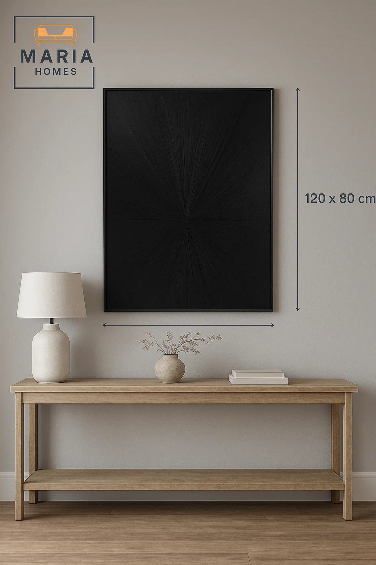 Framed Monochrome Textured Wall Art Ð Black Radial Burst Design and Size 123*83 cm