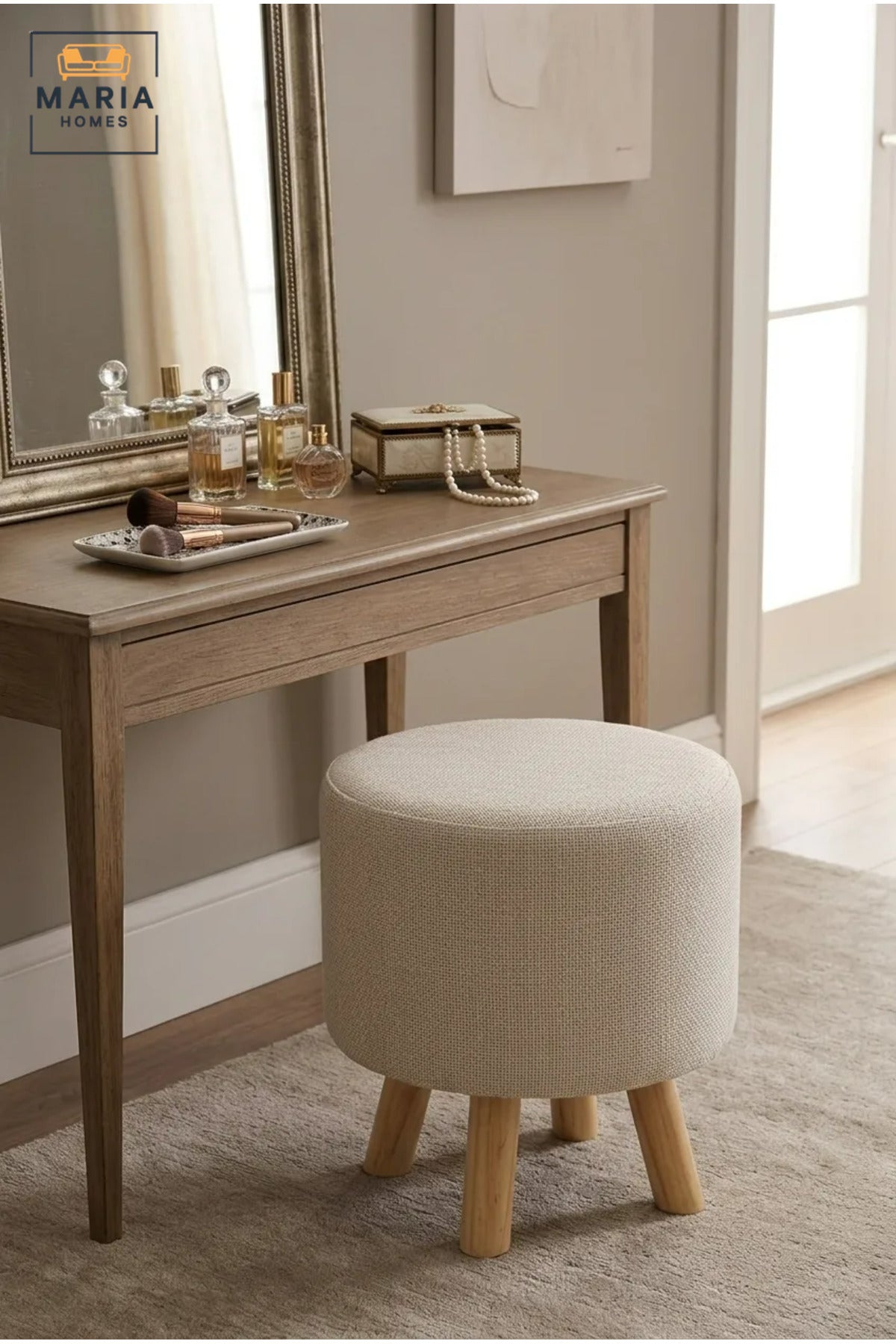 Modern Round Upholstered Ottoman with Wooden Legs, Compact Padded Footstool for Living Room, Bedroom, Dressing Area, Entryway and Reading Corner