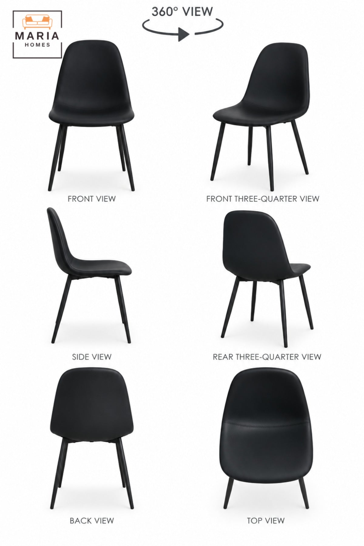 Modern Black Dining Chair with Padded Upholstered Seat, Curved High Backrest and Slim Black Legs for Dining Room, Kitchen, Café & Restaurant