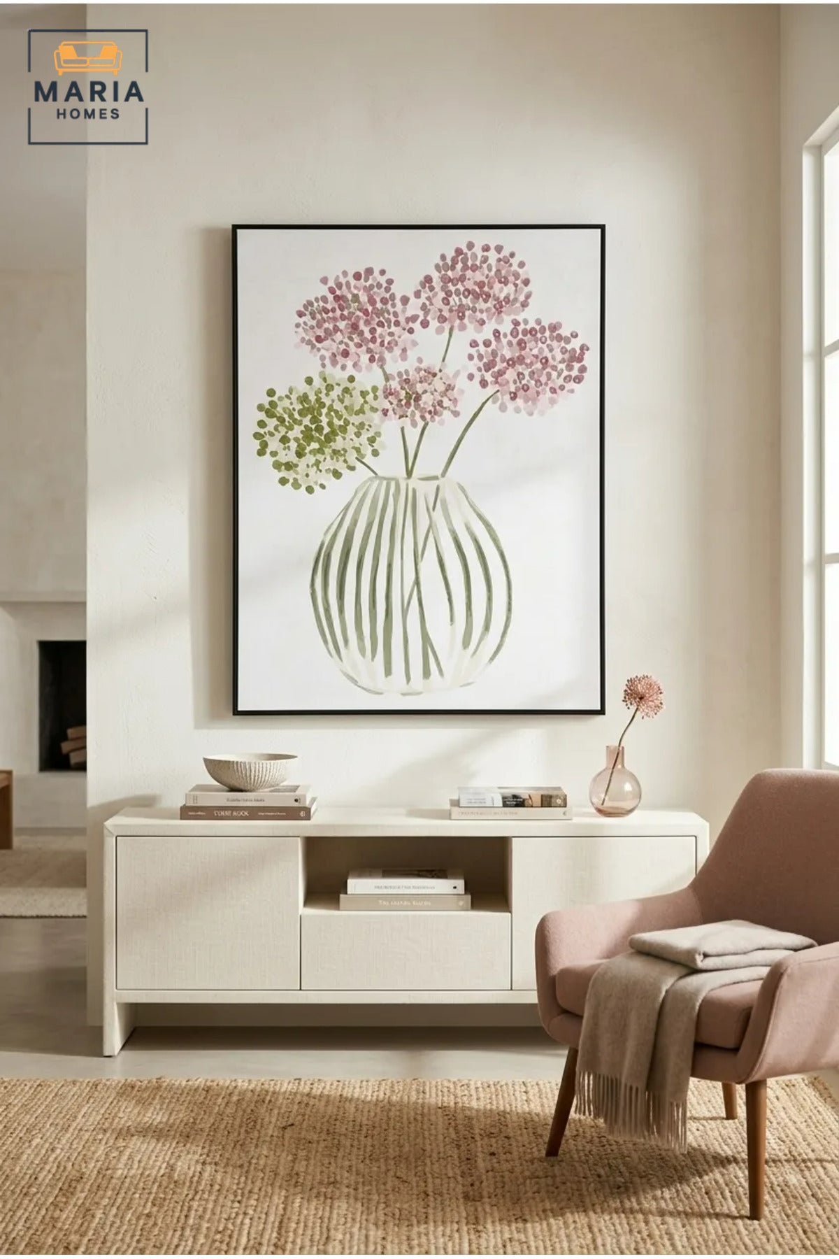 Modern Floral Wall Art with Slim Black Frame, Pink and Green Botanical Vase Canvas Print for Living Room, Bedroom, Hallway and Office Décor