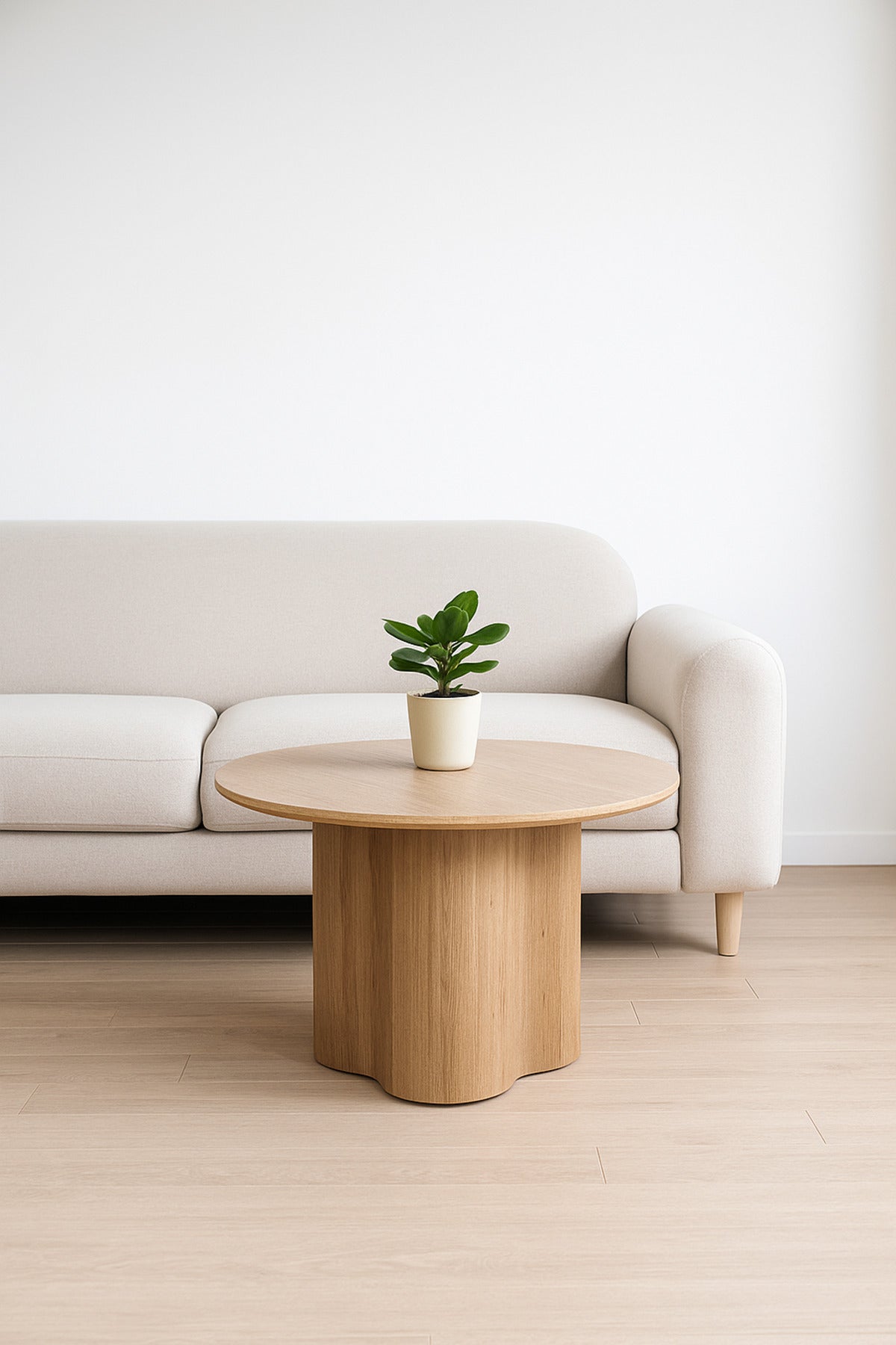 Round Coffee Table with Brown Wooden Base and Light Top Ð Modern Living Room Center Table 90_45 cm