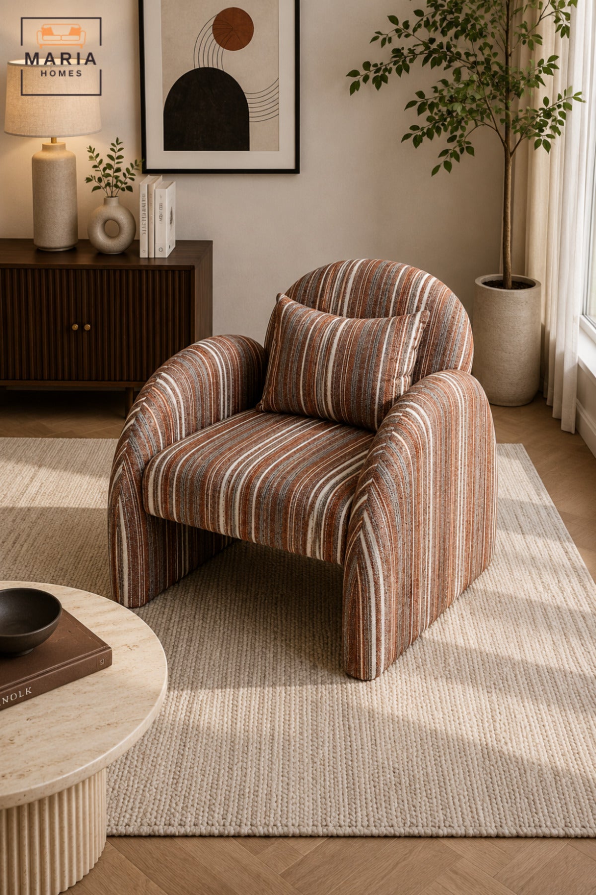 Modern Striped Upholstered Accent Chair with Curved Backrest, Rounded Arms & Cushion | Contemporary Lounge Chair for Living Room, Bedroom & Hotel